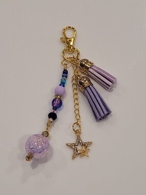 New Purple Tassel & Bead Bag Charm with Star Accent